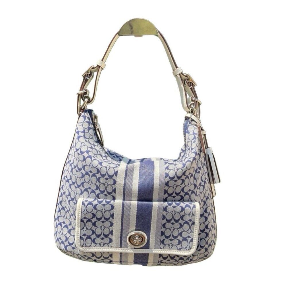 Coach Blue & White Canvas Signature Stripe Jacquard Hobo‎ Bag Tote K1298-22394